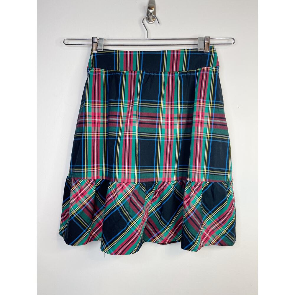 J Crew Tartan Plaid Ruffle Big Bow Skirt Black Red Cotton Preppy Womens 10